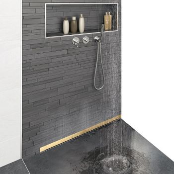 Желоб BERGES водосток WALL 600 пристенный, золото глянец, S-сифон D50 H60 боковой 092156 — фото 1, Душевые лотки