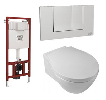 Унитаз HATRIA NIDO подвесной комплект с cиденьем с крышкой с плавным опусканием цвет белый с инсталляцией для унитаза и кнопка хром KLUDI RAK HKF002 — фото 1, Подвесные унитазы
