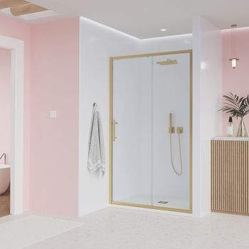 Душевая дверь Veconi Evo 100 G, 1700x1950, золото брашинг, стекло прозрачное E1-G-170-01-C9 — фото 1, Душевые двери в нишу