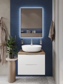 BOND Cube T99605 Тумба подвесная белая со столешницей под дерево без раковины — фото 19, Тумбы под раковину