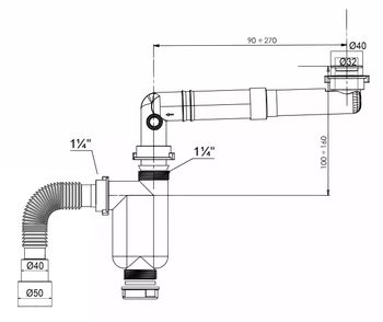 BETTOSERB Сифон без выпуска, телескопический, компактный 32мм (диам), 40-40/50 125342 — фото 1, Сифоны для раковины