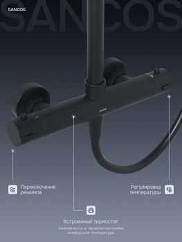 Душевая стойка SANCOS KANEDO с термостатом с верхним душем 248x248 мм ручным душем 110 мм 4 режима черный матовый SC7100MB — фото 14, Душевые стойки