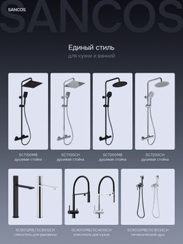 Душевая стойка SANCOS KANEDO с термостатом с верхним душем 248x248 мм ручным душем 110 мм 4 режима черный матовый SC7100MB — фото 16, Душевые стойки